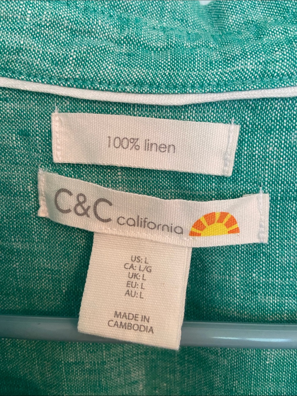 Beachy C&C California Green 100% Linen Button Down Shirt Dress Woman L Tunic - Picture 2 of 8